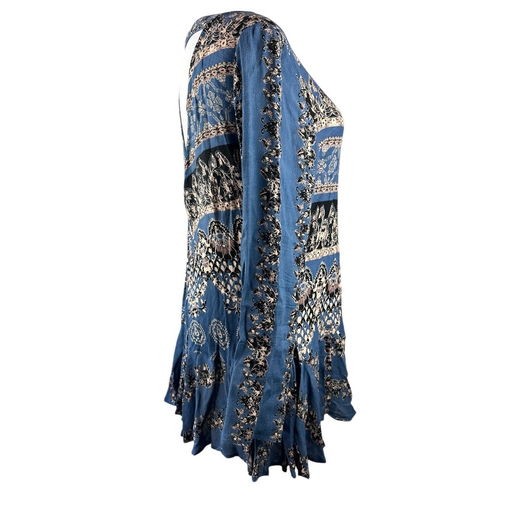 Free People Smooth Talker Tunic Mini Dress Geometric Boho Festival LS Blue Large - Picture 7 of 16